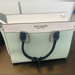 kate spade satchel bag mint and white with a blue hint.